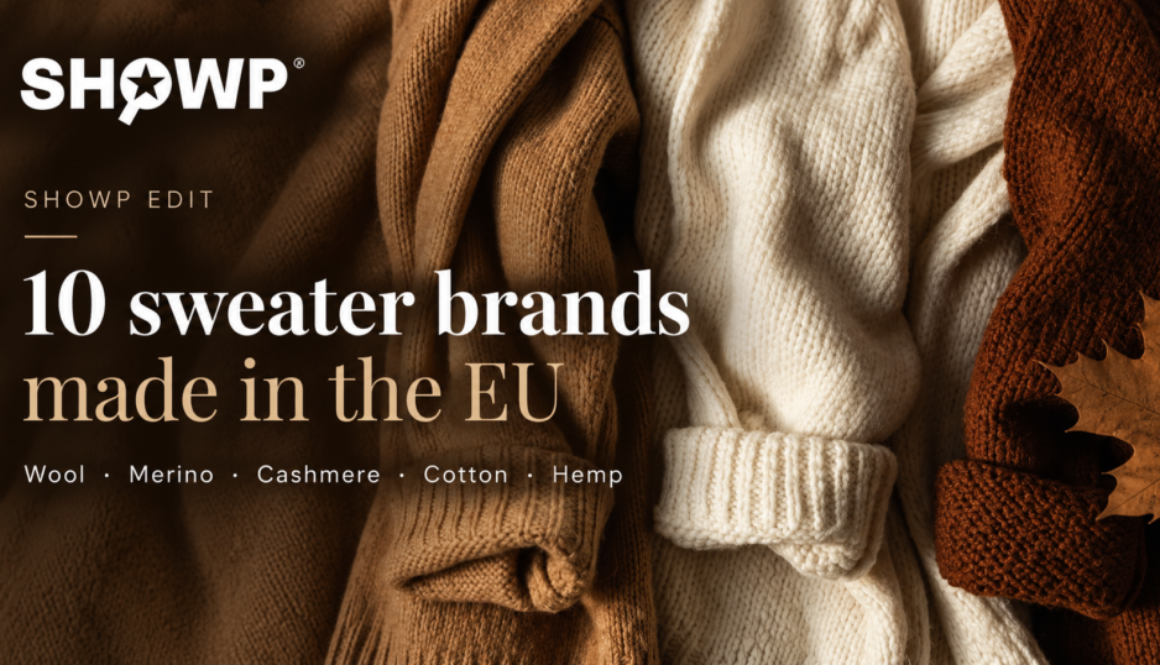 SHOWP editorial cover: 10 sweater brands made in the EU, shown over autumn knitwear in cream, camel and rust tones