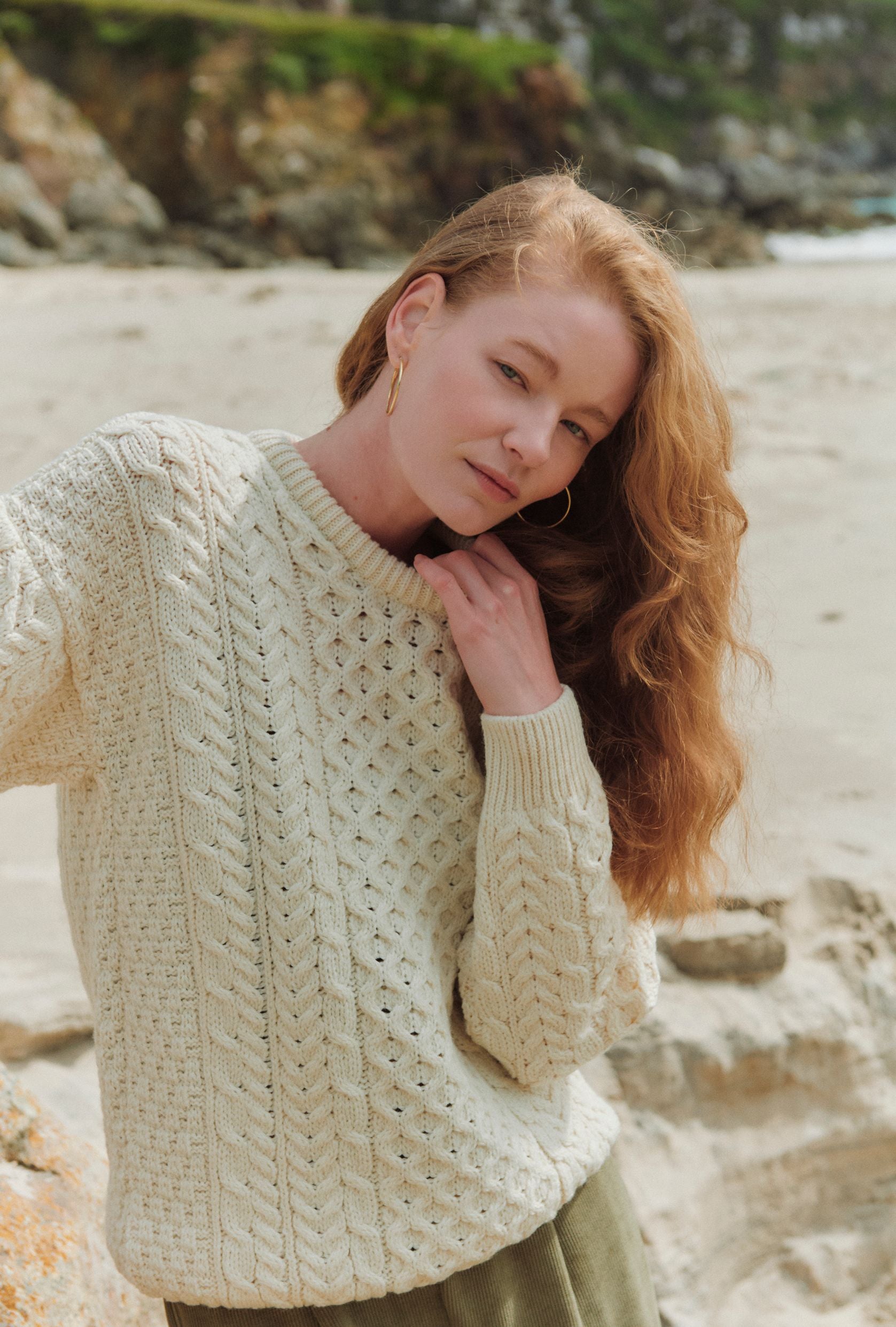 Aran Woollen Mills Inisheer women's traditional merino Aran sweater in cream