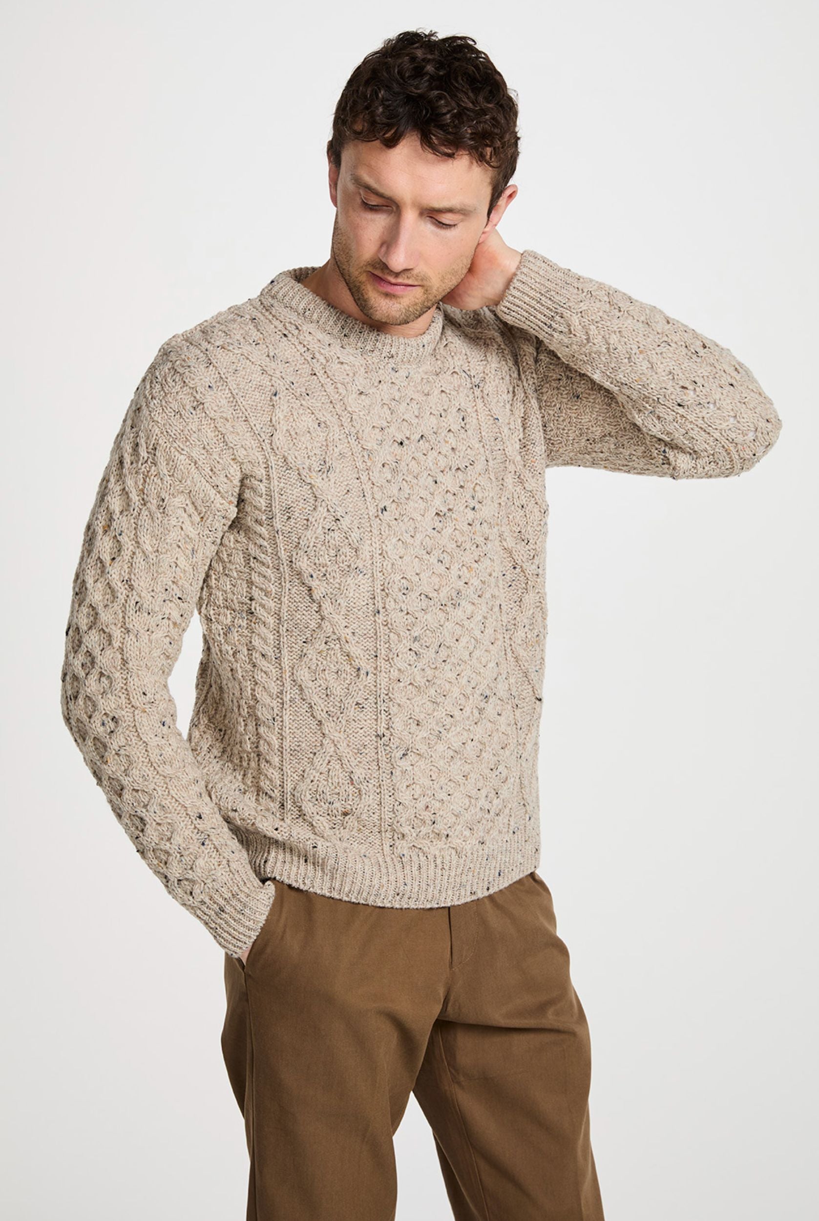 Aran Woollen Mills Moher unisex traditional Aran sweater in flecked oat
